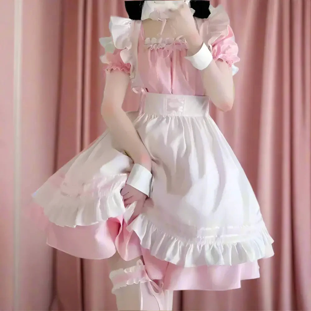pink and white maid dress Kawaii Maid Dress, Detachable White Apron Pink Dress + Apron + Choker / M