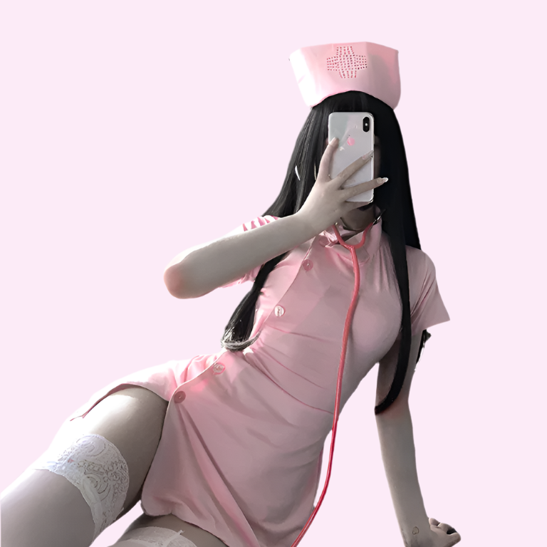 Woman in a white, form-fitting “nurse” cosplay outfit featuring a halter neck and red cross emblem, reclining in a seductive pose against a pale pink background. She wears a matching nurse cap, adding to the playful, provocative aesthetic of the costume.