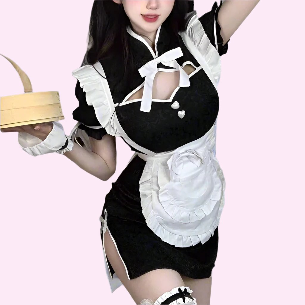 Elegant Retro Cheongsam Anime Maid Outfit featuring a black fitted dress with white ruffled apron, lace details, and a keyhole neckline. Perfect for cosplay events, themed parties, or roleplay.