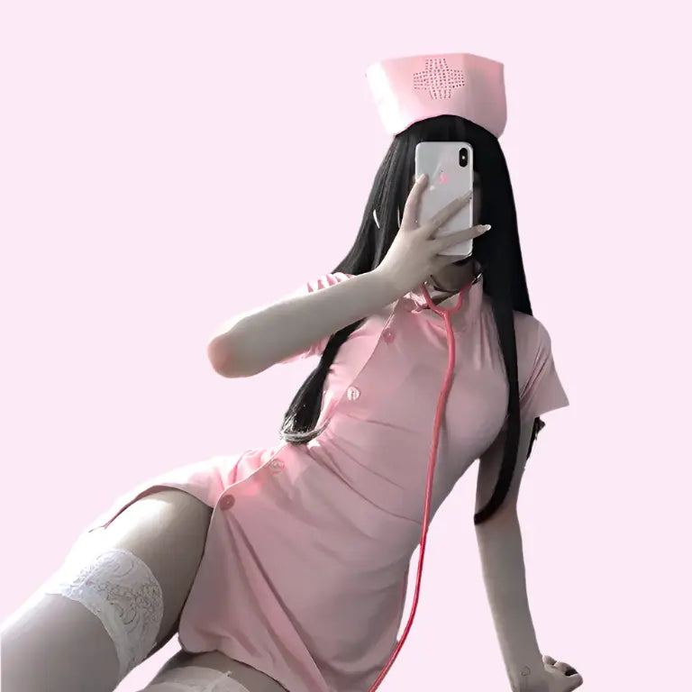 Woman in a white, form-fitting “nurse” cosplay outfit featuring a halter neck and red cross emblem, reclining in a seductive pose against a pale pink background. She wears a matching nurse cap, adding to the playful, provocative aesthetic of the costume.
