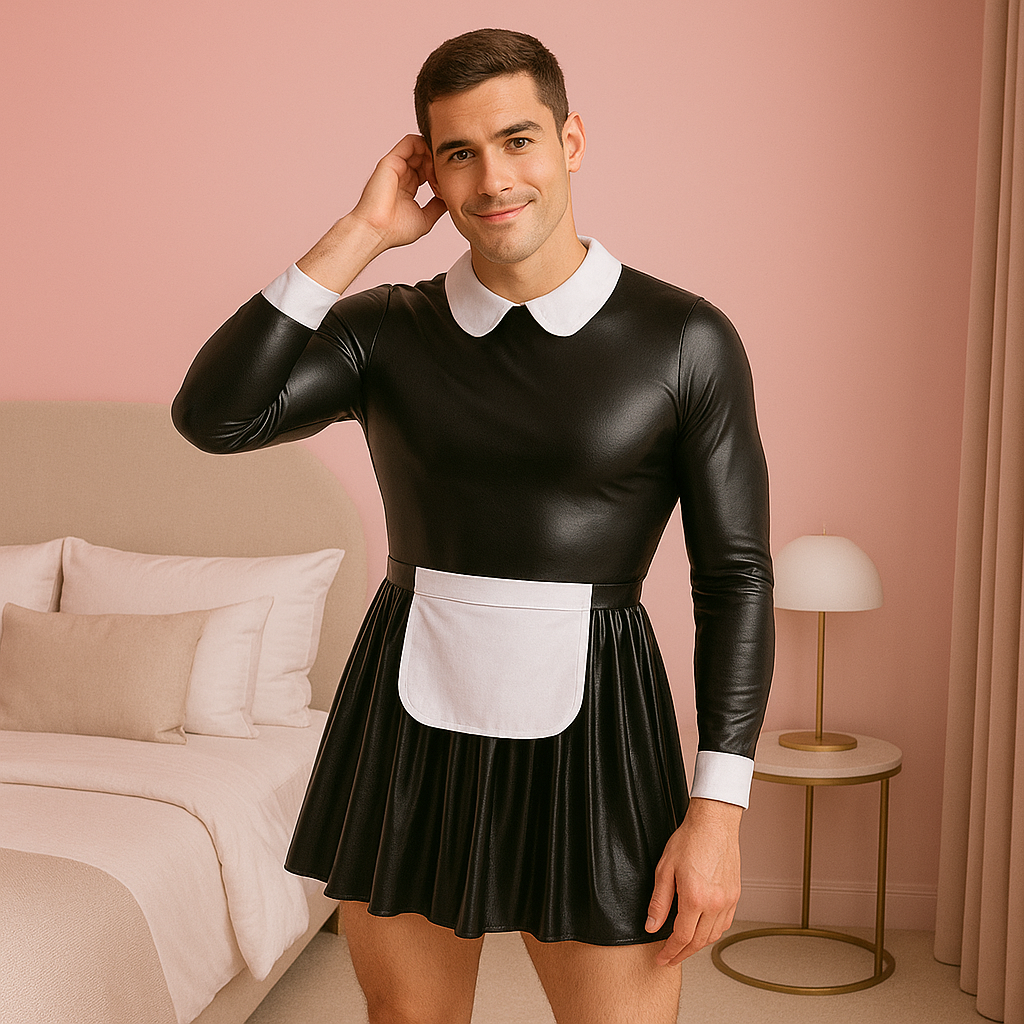 Man wearing a black leather dress with a white collar in a bedroom setting