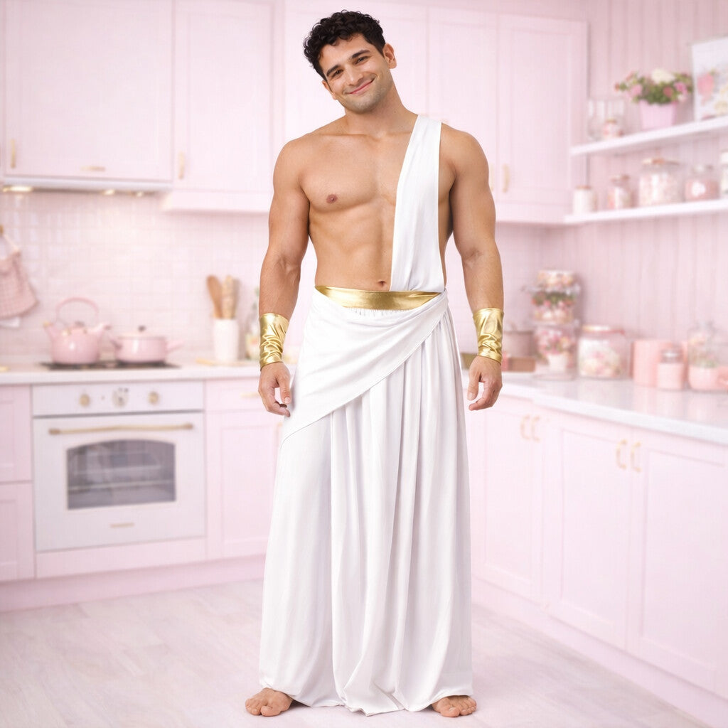 Man in a white toga with gold accents standing in a kitchen.