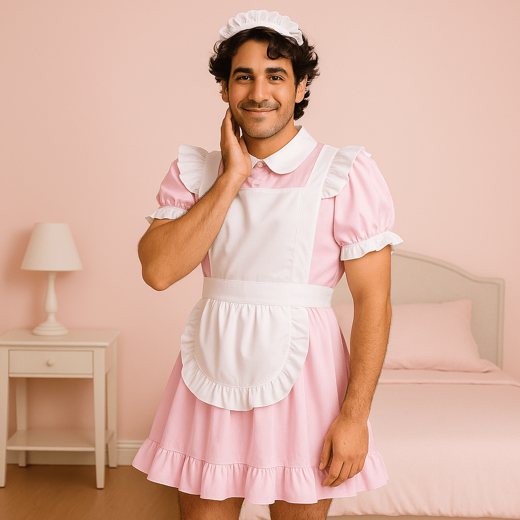 Person wearing a pink and white maid outfit in a room with a bed and lamp.