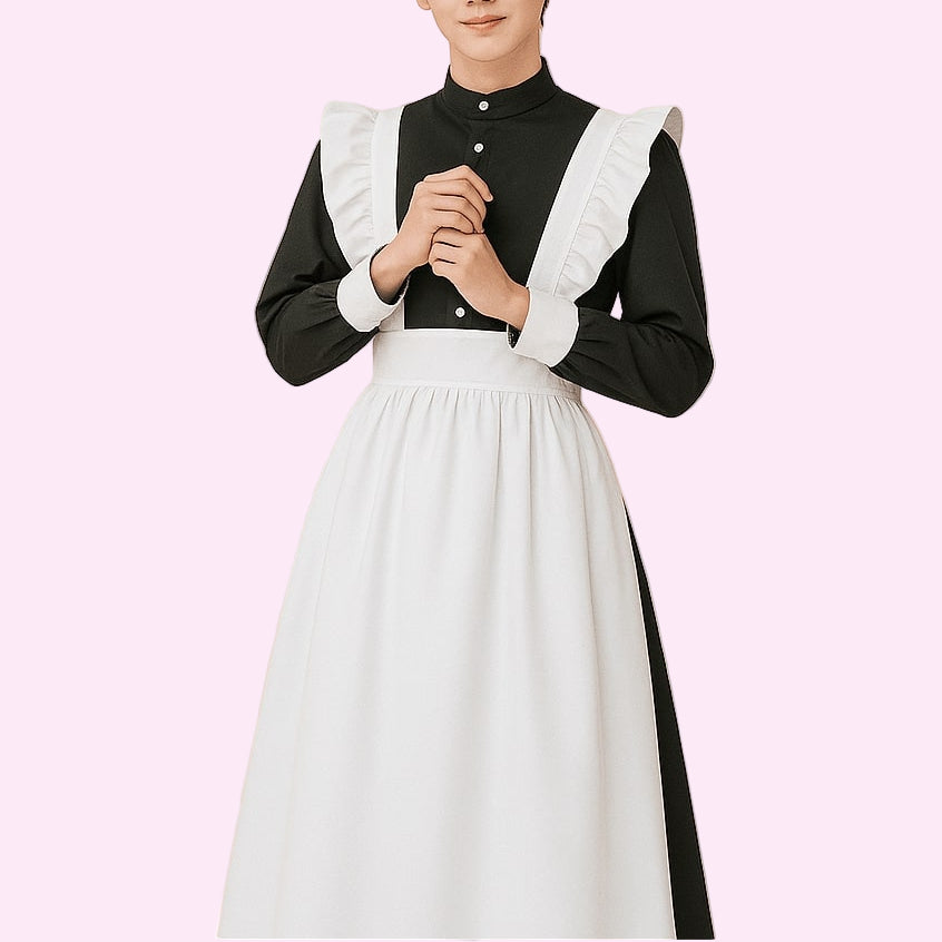 Person wearing a black and white maid outfit on a pink background