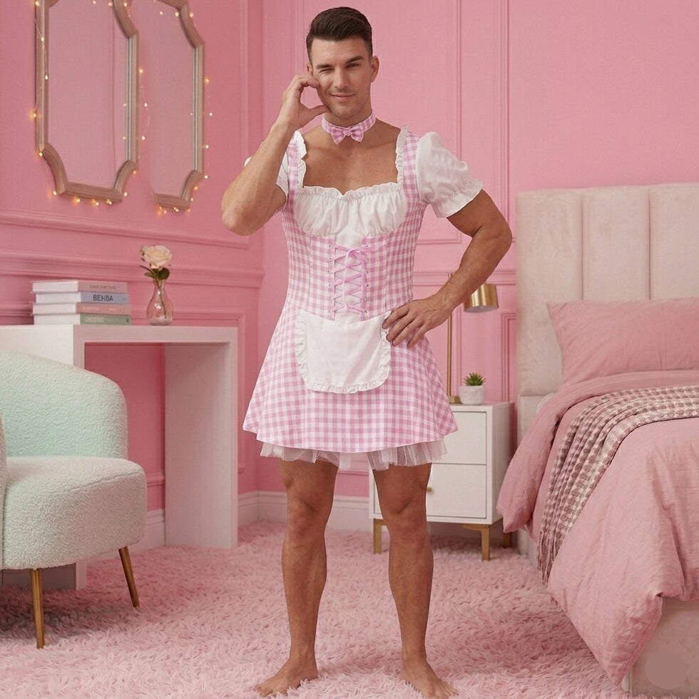 Person wearing a pink checkered dress in a bedroom with pink walls and furniture.