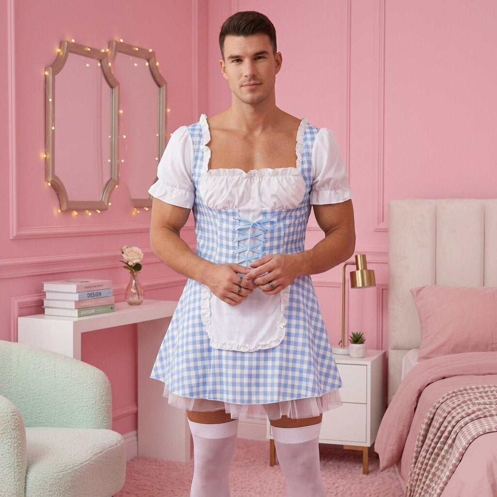 Man wearing a blue and white checkered dress in a pink bedroom setting