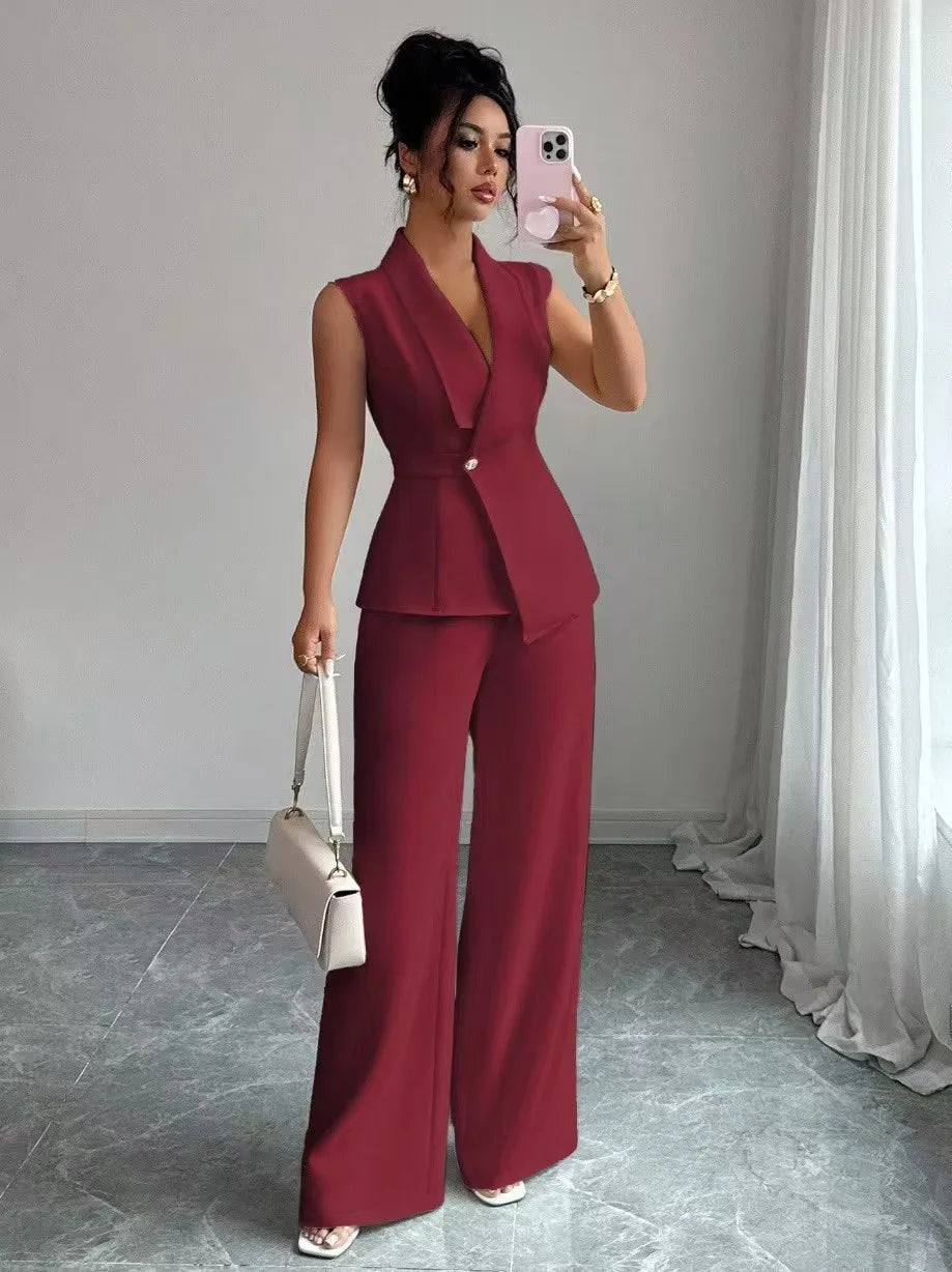 Multi Color Sleeveless V Neck Blazer Wide Leg Pants 2 Piece Set Women Business Formal Work Suit with Button Summer