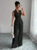 Multi Color Sleeveless V Neck Blazer Wide Leg Pants 2 Piece Set Women Business Formal Work Suit with Button Summer - S