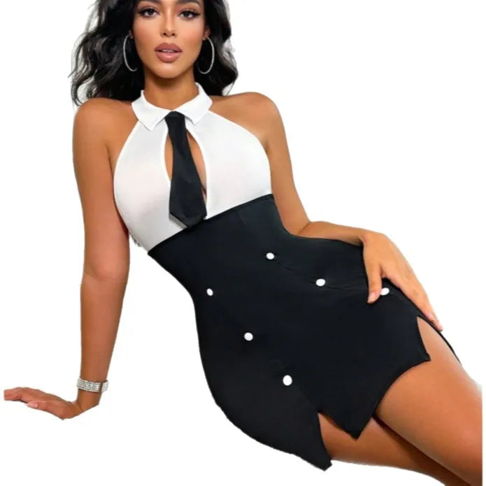 Women’s Black and White Halter Mini Dress - Bodycon with Tie Cutout and Slit for Party Clubwear