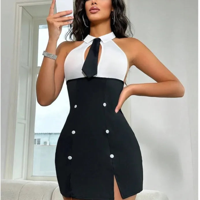 Women’s Black and White Halter Mini Dress - Bodycon with Tie Cutout and Slit for Party Clubwear