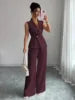 Multi Color Sleeveless V Neck Blazer Wide Leg Pants 2 Piece Set Women Business Formal Work Suit with Button Summer - S