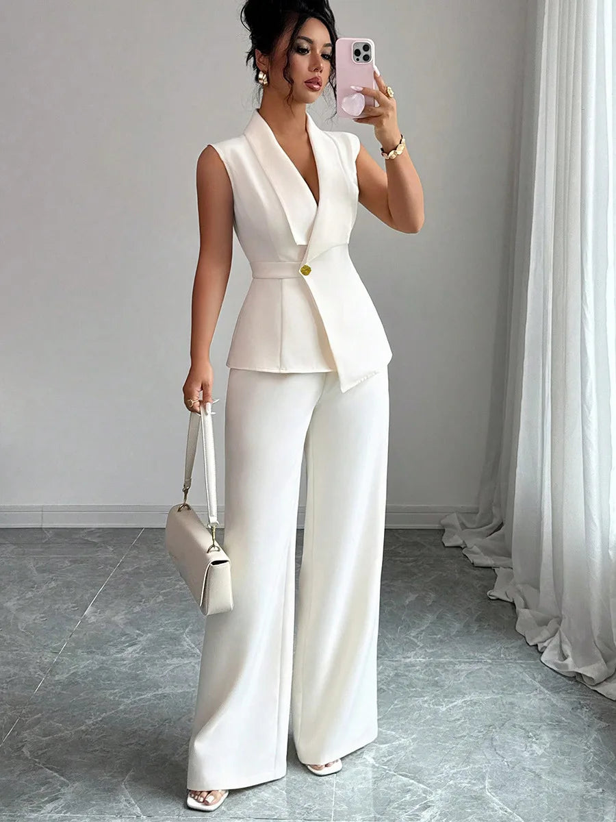 Multi Color Sleeveless V Neck Blazer Wide Leg Pants 2 Piece Set Women Business Formal Work Suit with Button Summer