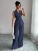Multi Color Sleeveless V Neck Blazer Wide Leg Pants 2 Piece Set Women Business Formal Work Suit with Button Summer - S