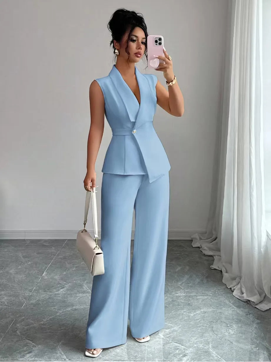 Multi Color Sleeveless V Neck Blazer Wide Leg Pants 2 Piece Set Women Business Formal Work Suit with Button Summer
