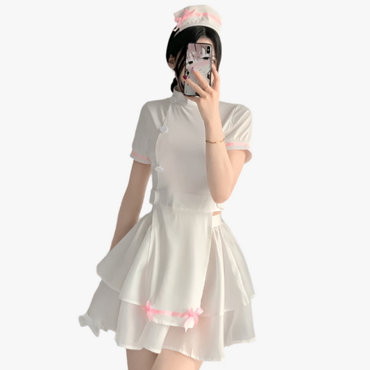 Uniforme d'infirmière sexy Cosplay femmes doux nœud creux dos robe blanche tenues ensemble transparent cadeaux de lingerie de Saint Valentin