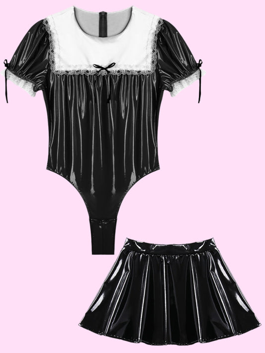 Men Sissy Glossy Latex-Style Maid Outfit