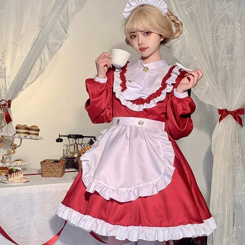 Elegant Long-Sleeves Red Maid Outfit
