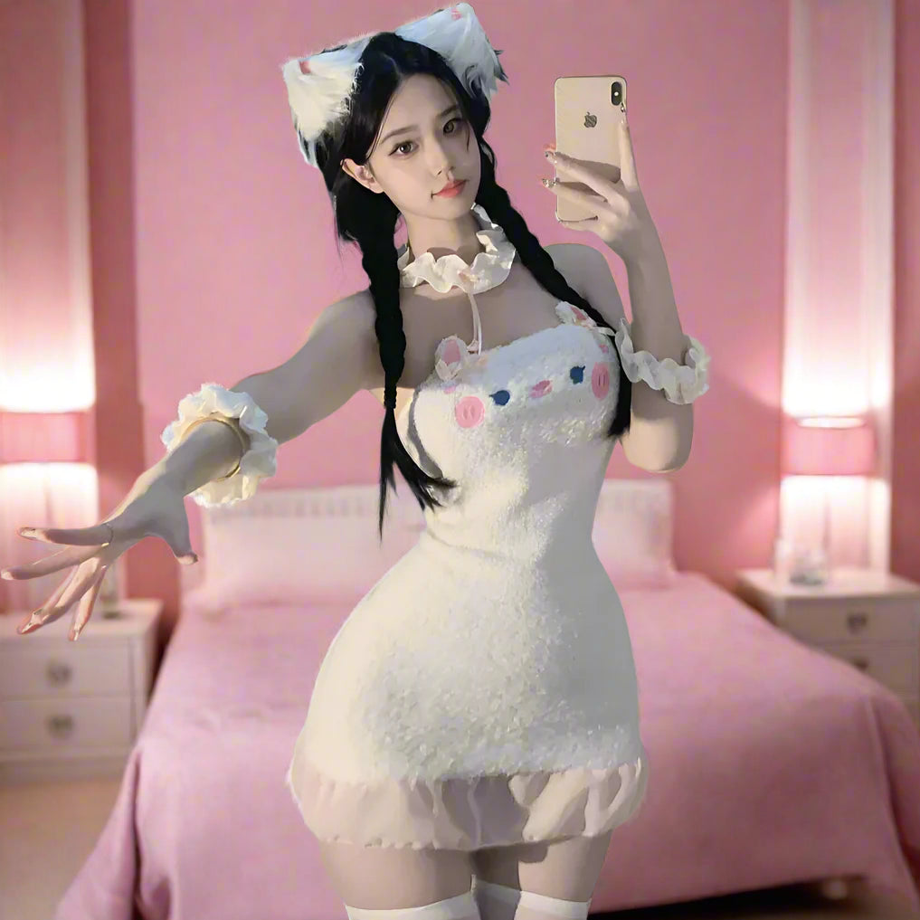 Cute White Cat Plush Maid Outfit