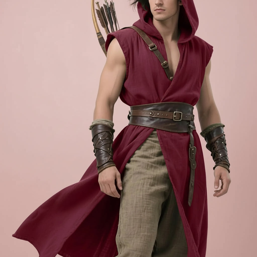 Man in a red hooded outfit with archery equipment on a white background