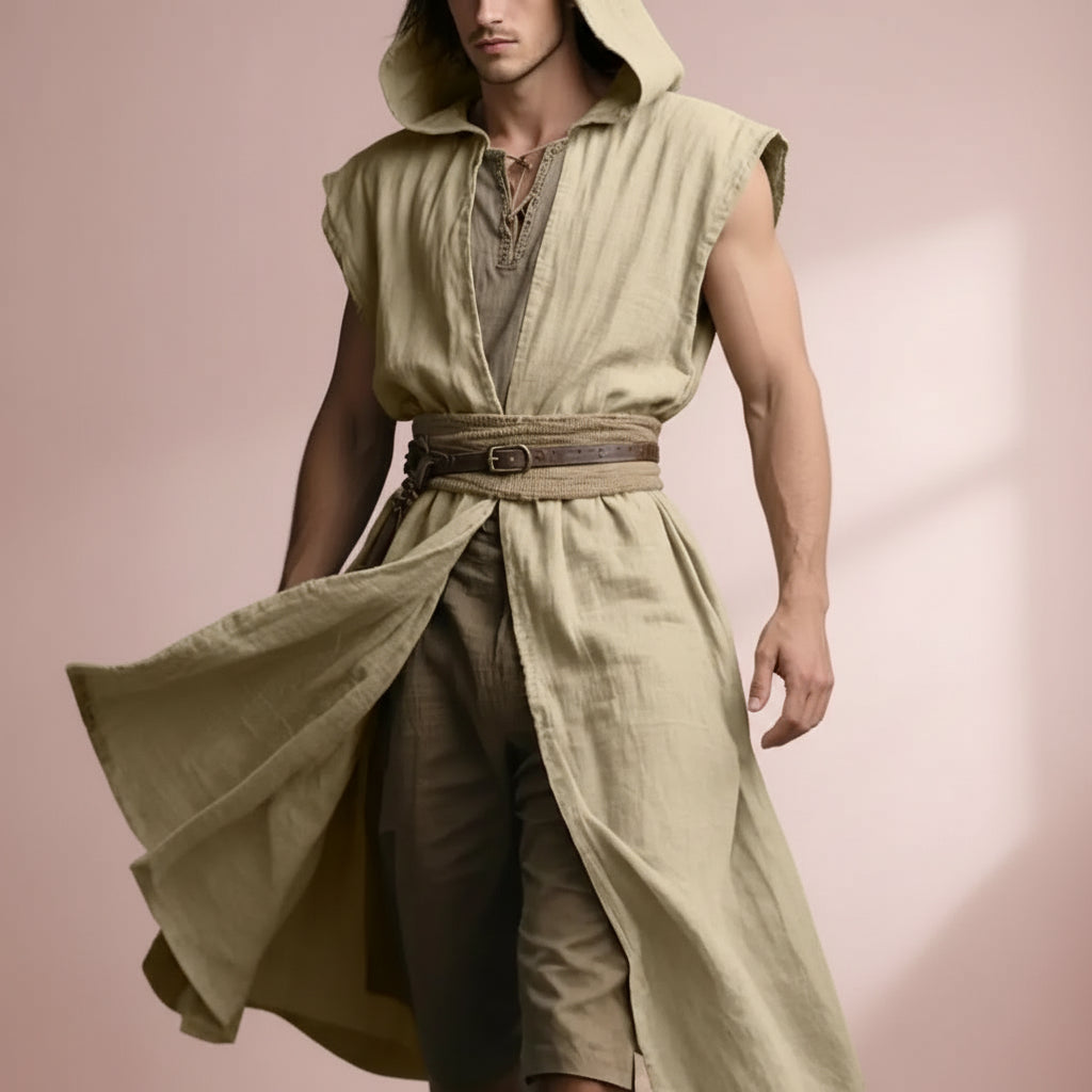 Man wearing a beige hooded robe against a dark background