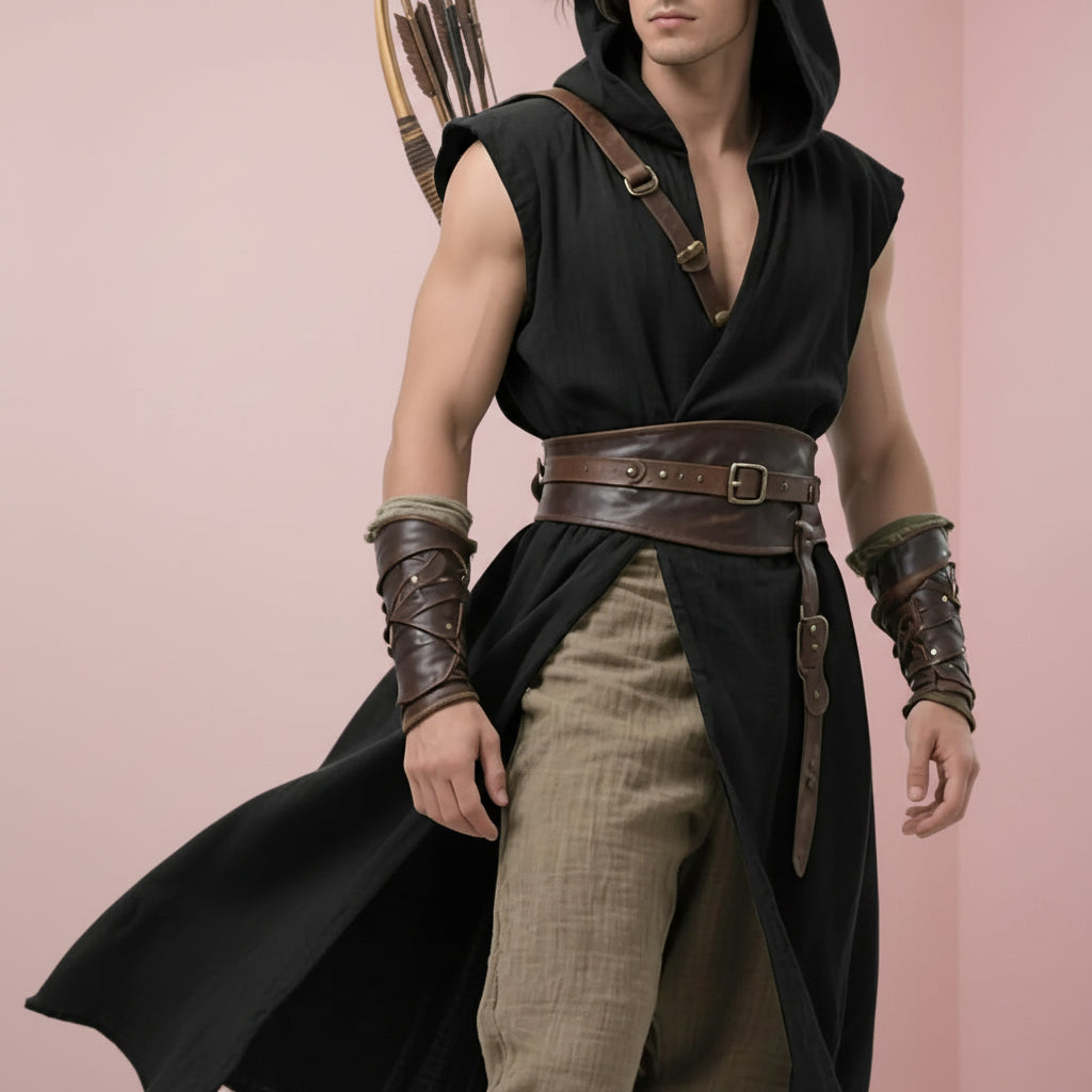 Man in a hooded outfit with a bow and arrows on a white background