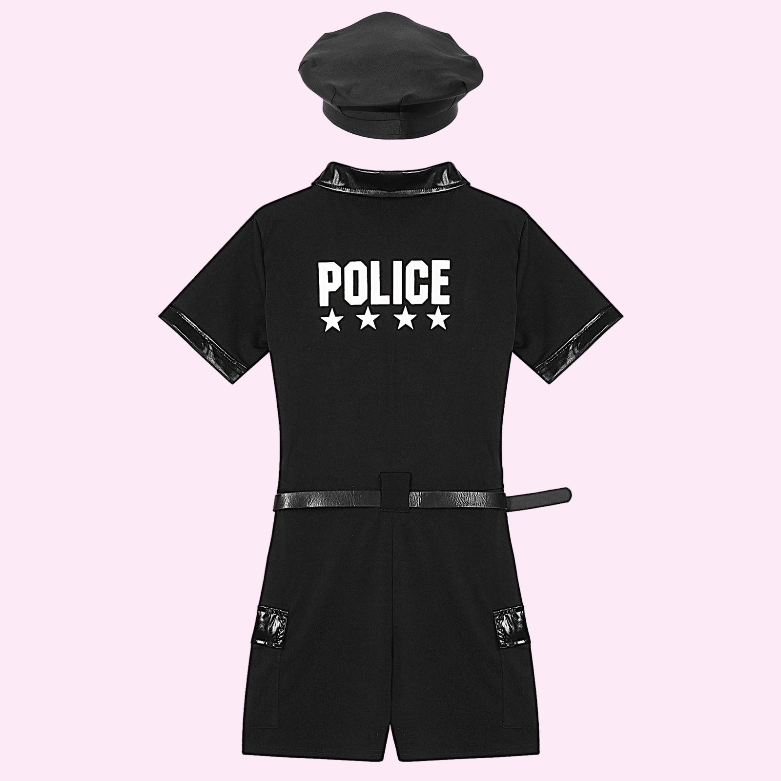 Black police costume with 'POLICE' text on a white background