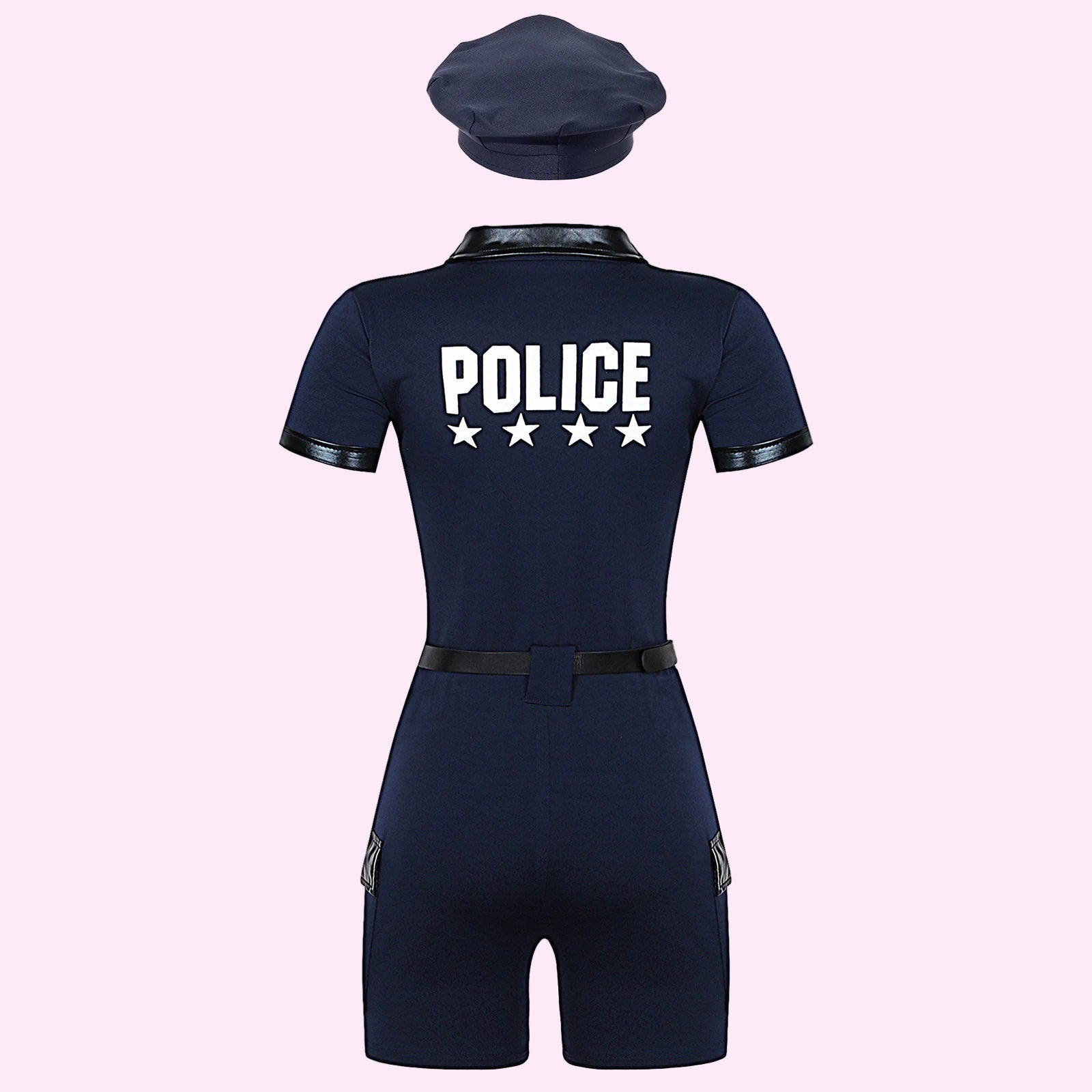 Navy blue police uniform with 'POLICE' text on a white background