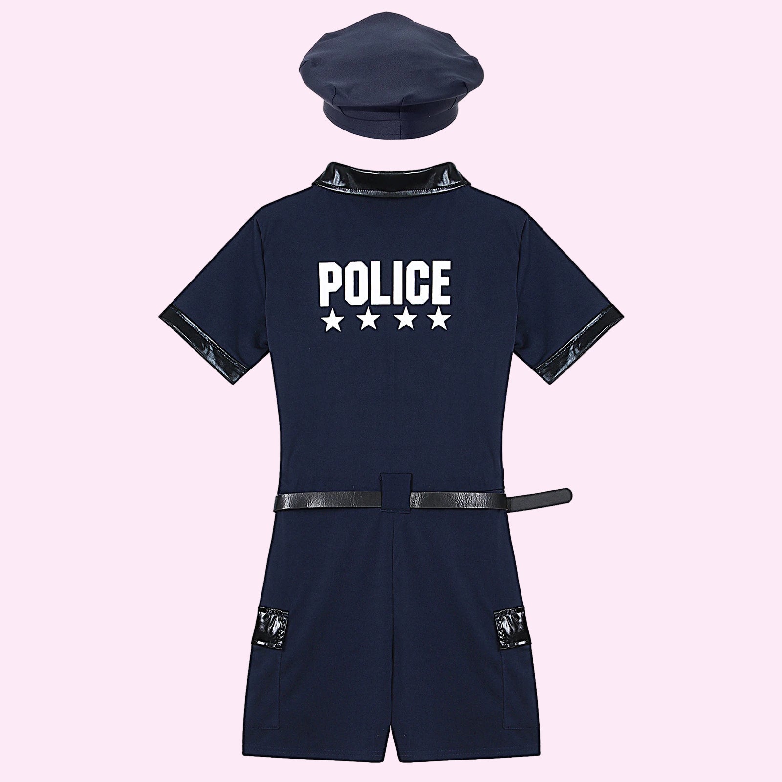 Children's police costume with shirt, shorts, and hat on a white background