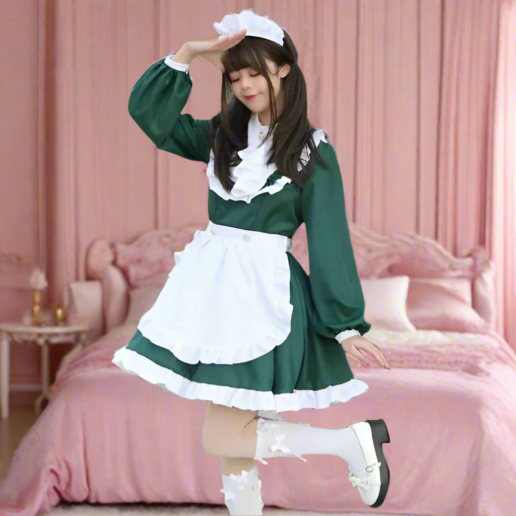 Elegant Long-Sleeves Green Maid Outfit