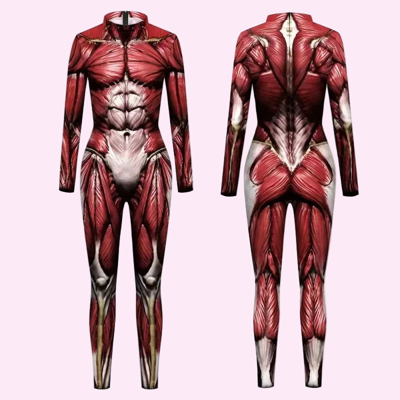 Red and gold bodysuit with detailed muscle design on a white background