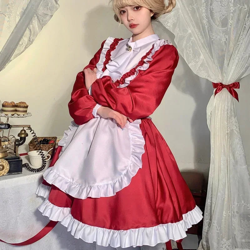 Elegant Long-Sleeves Red Maid Outfit
