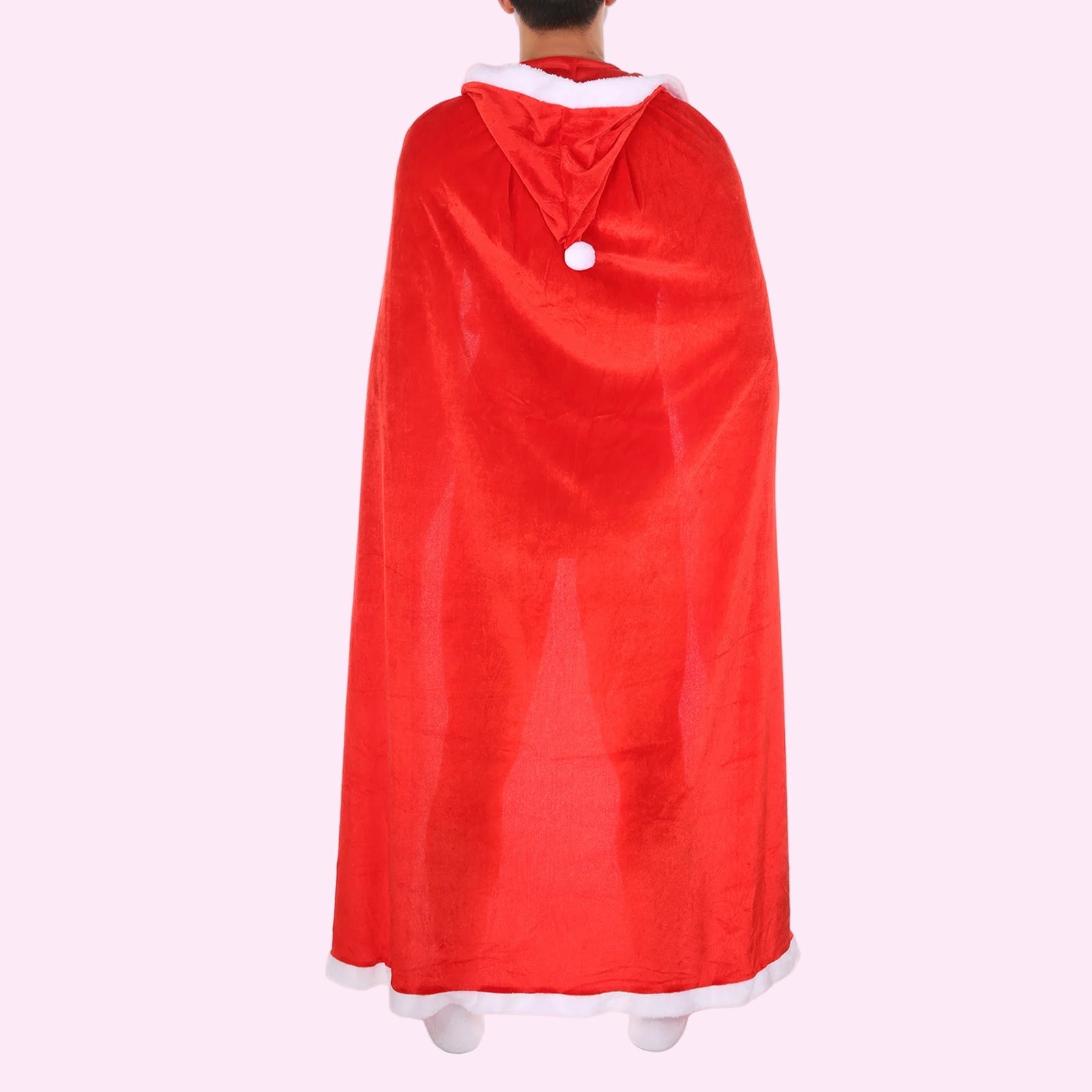 Red cape with white trim worn by a person on a white background