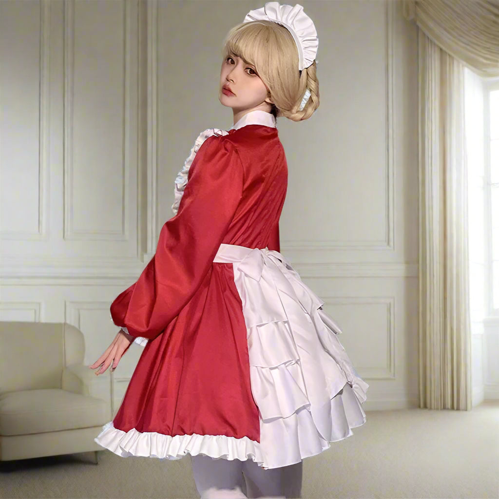 Elegant Long-Sleeves Red Maid Outfit