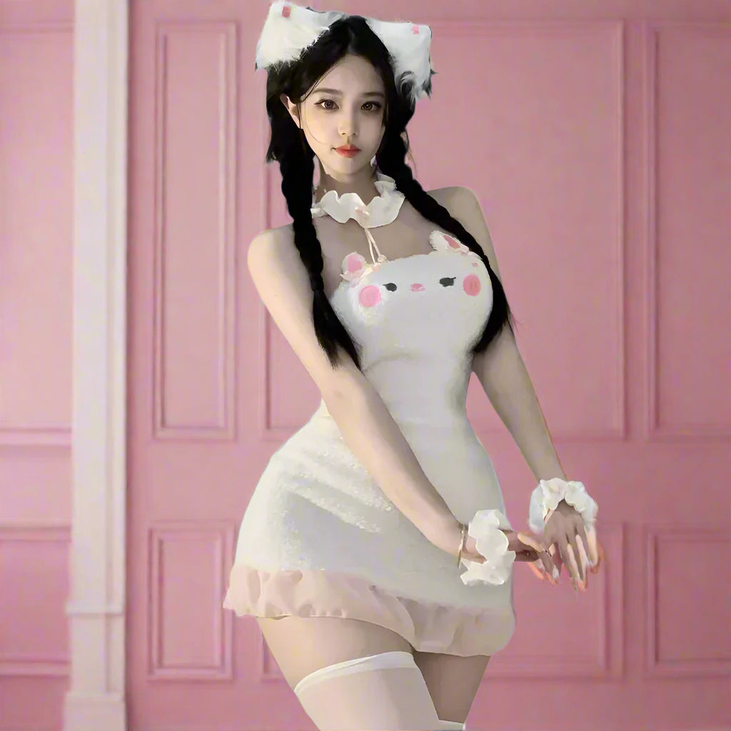 Cute White Cat Plush Maid Outfit