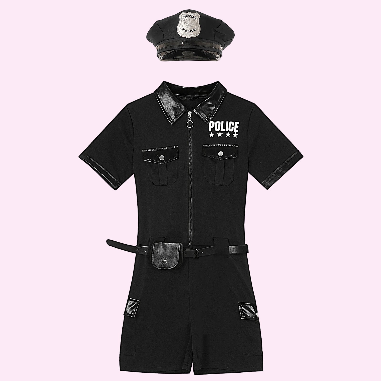 Black police-themed romper with hat on a white background