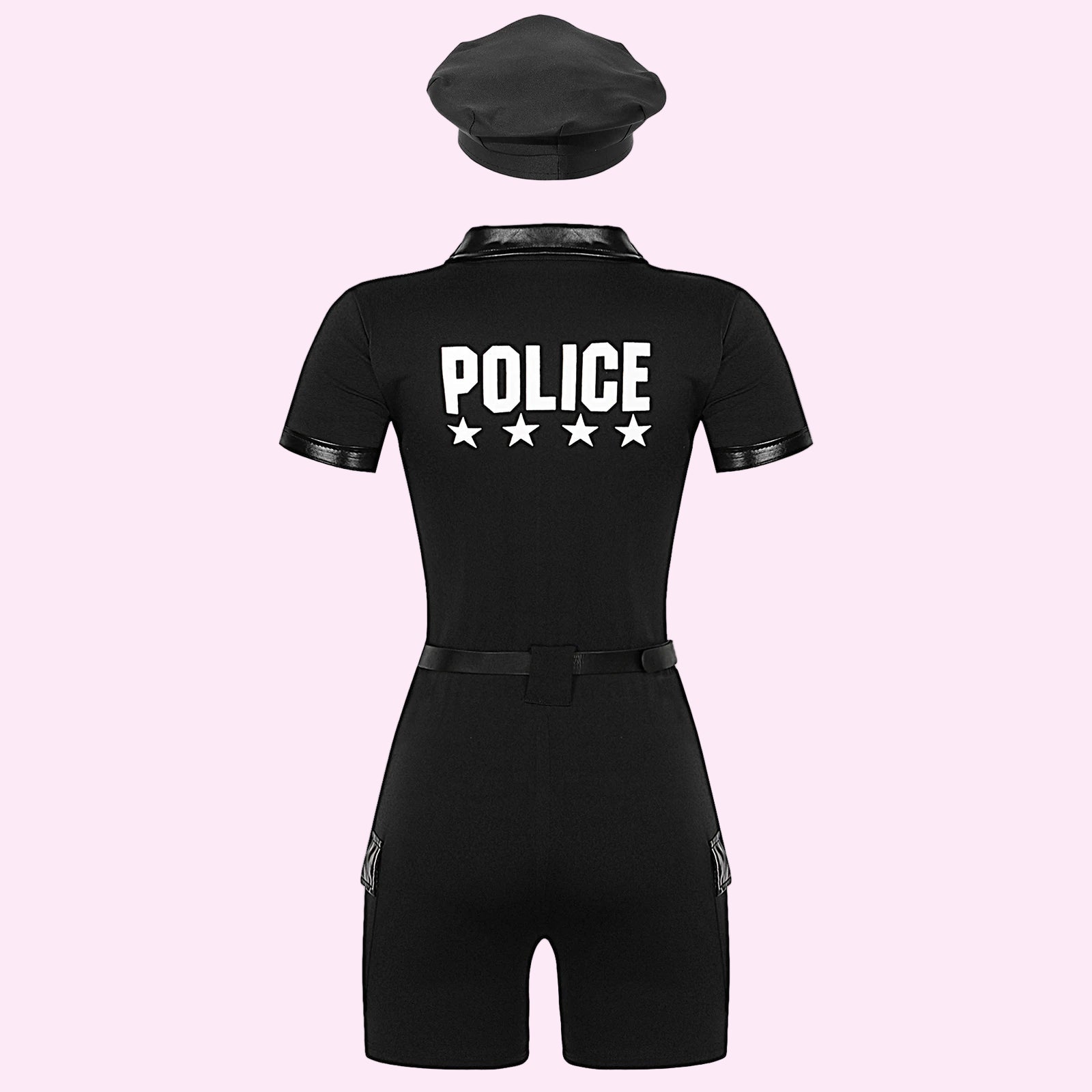 Black police uniform with 'POLICE' text on a white background