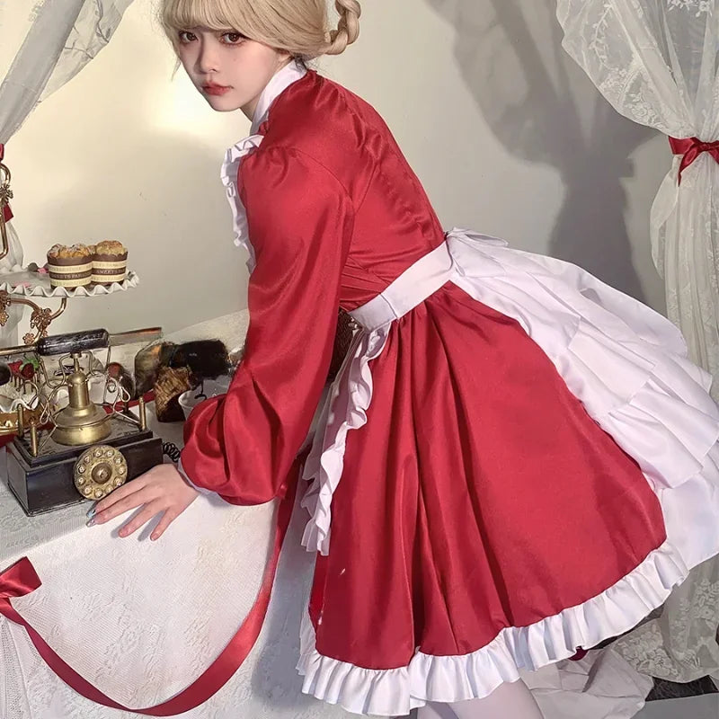 Elegant Long-Sleeves Red Maid Outfit