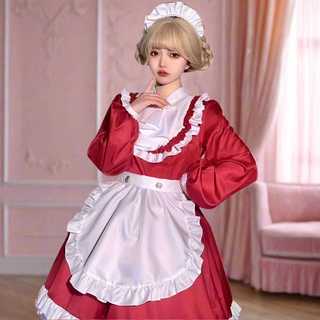 Elegant Long-Sleeves Red Maid Outfit