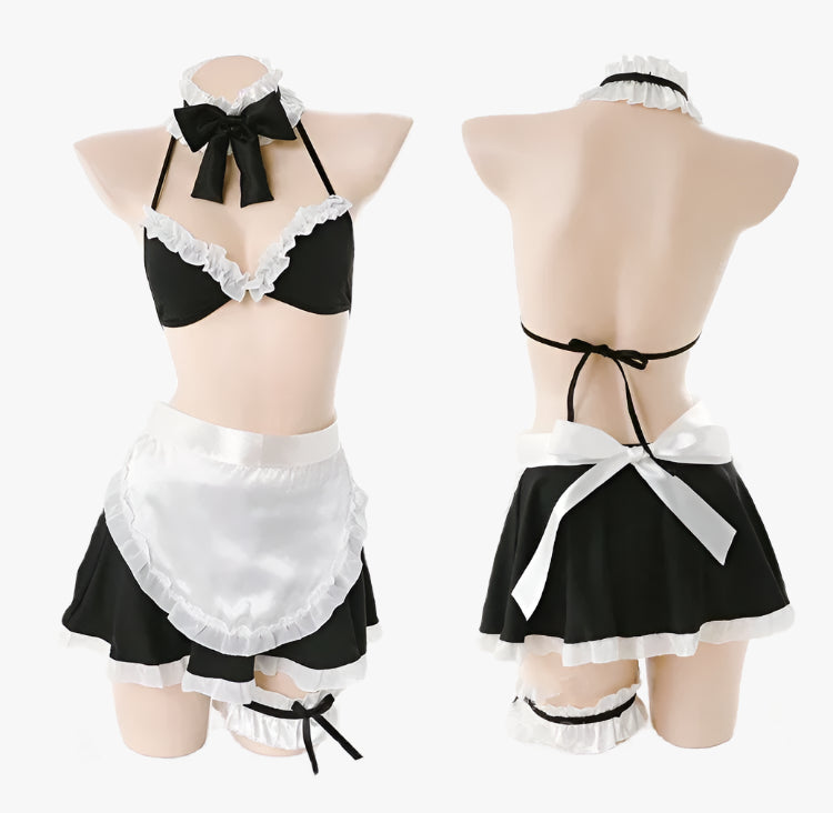 Costume de Cosplay de femme de chambre coquine pour femmes, ensemble de lingerie érotique sexy soutien-gorge et jupe, tenue de servante Lolita en dentelle, uniforme de poupée