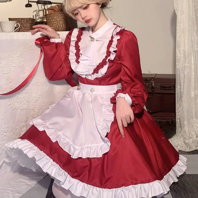 Elegant Long-Sleeves Red Maid Outfit
