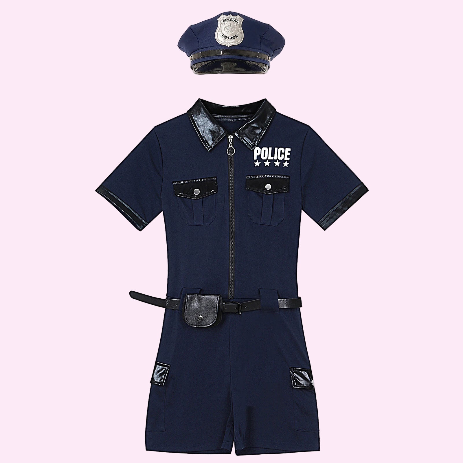 Children's police uniform with navy blue jumpsuit and hat on a white background