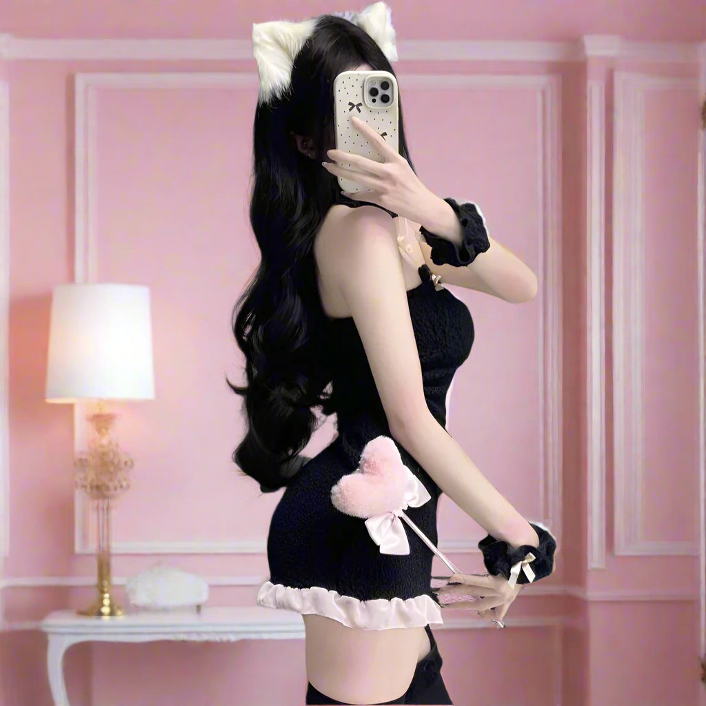 Cute Black Cat Plush Maid Outfit