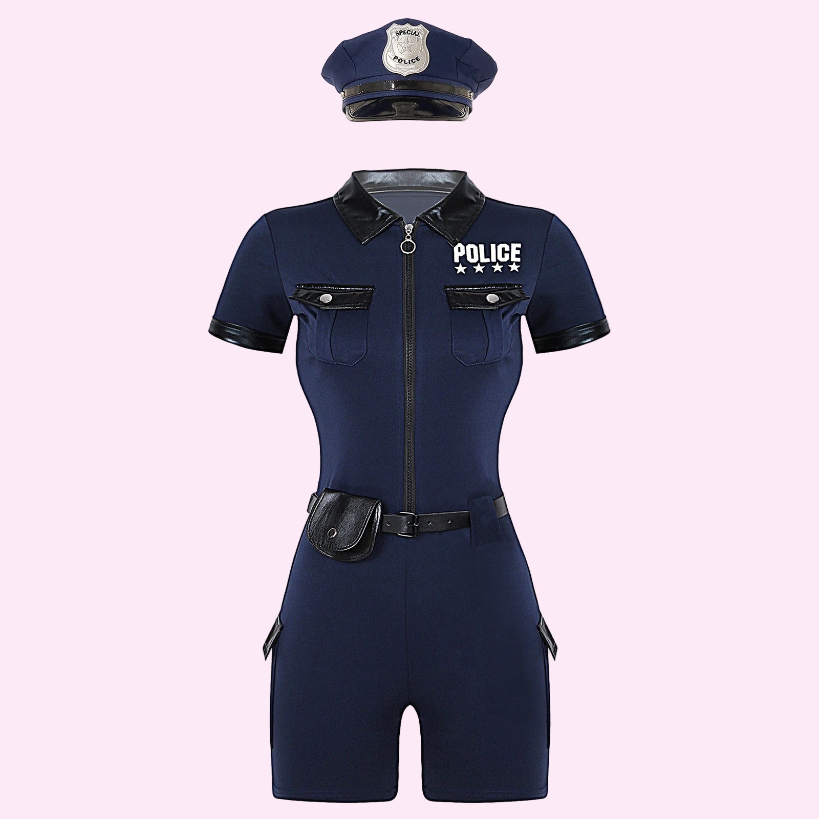 Navy blue police uniform with hat on a white background