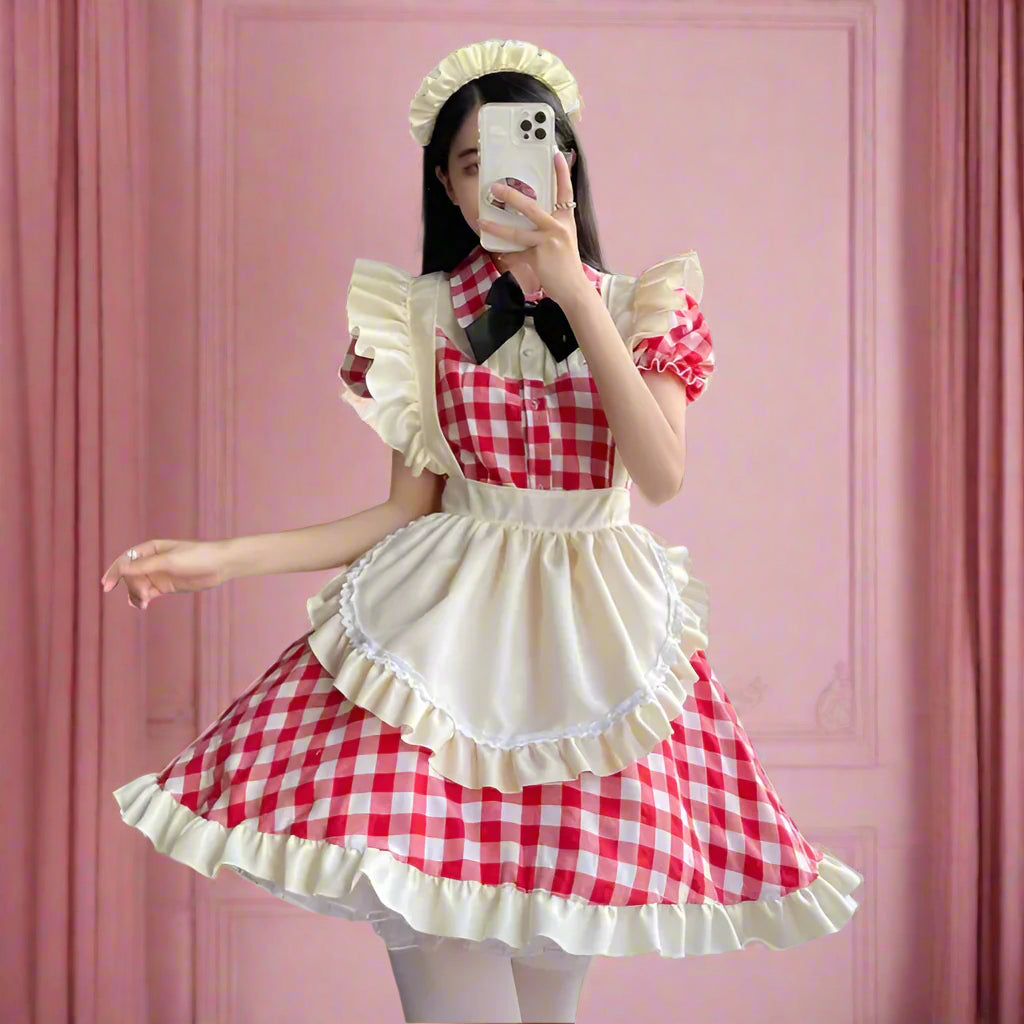 Cute Red Checkered Maid Outfit