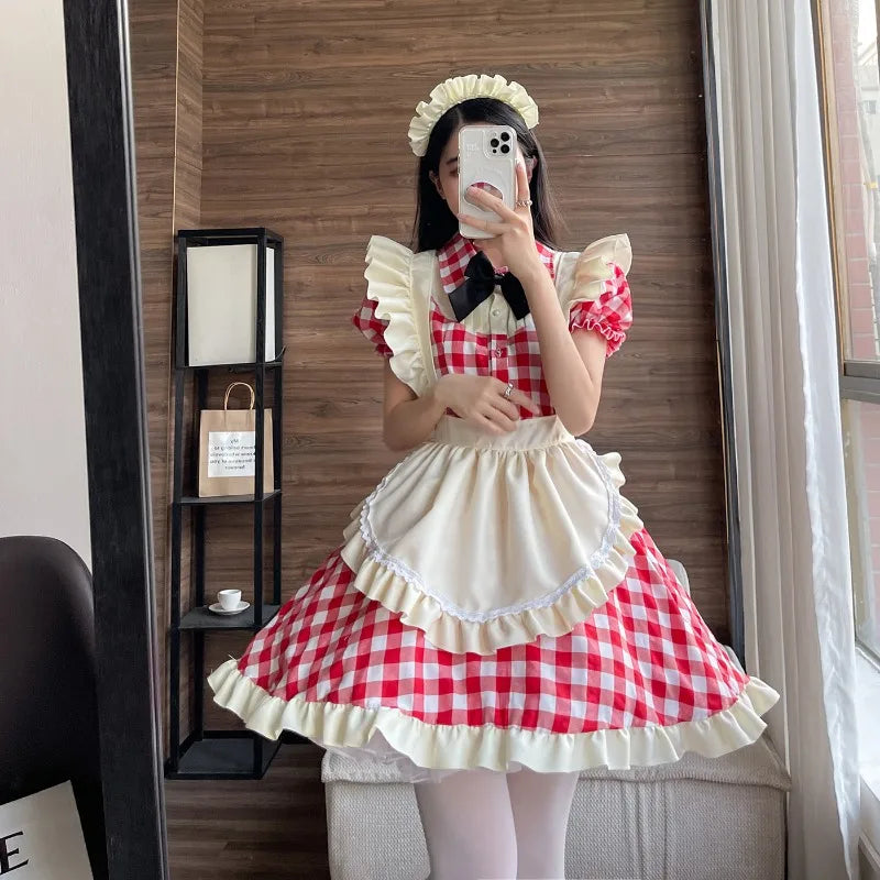 Cute Red Checkered Maid Outfit