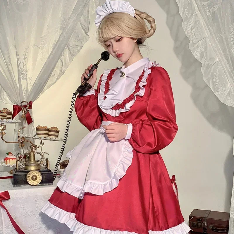Elegant Long-Sleeves Red Maid Outfit