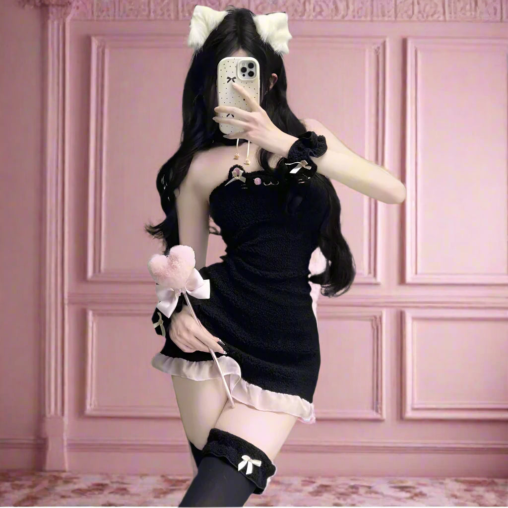 Cute Black Cat Plush Maid Outfit