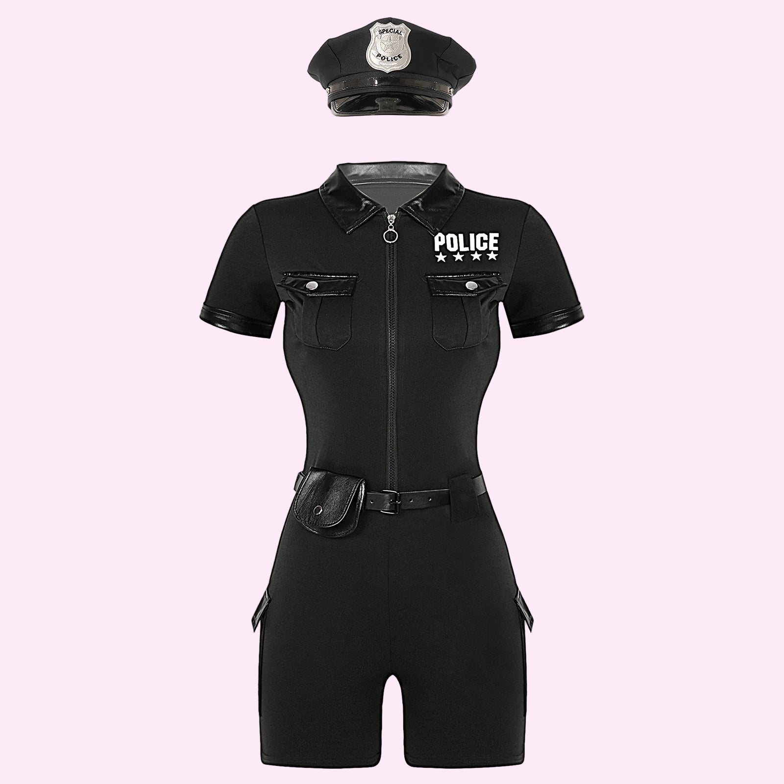 Black police-themed romper with cap on a white background