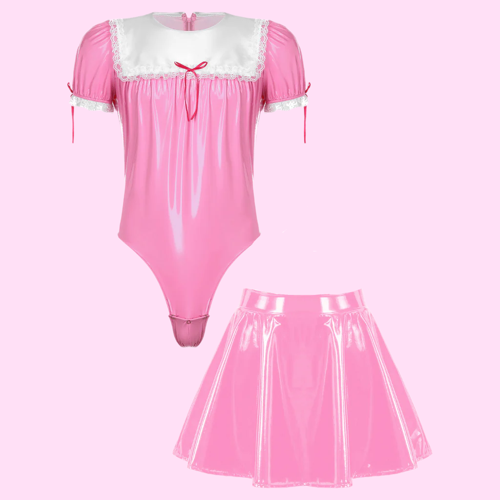 Men Sissy Glossy Latex-Style Maid Outfit
