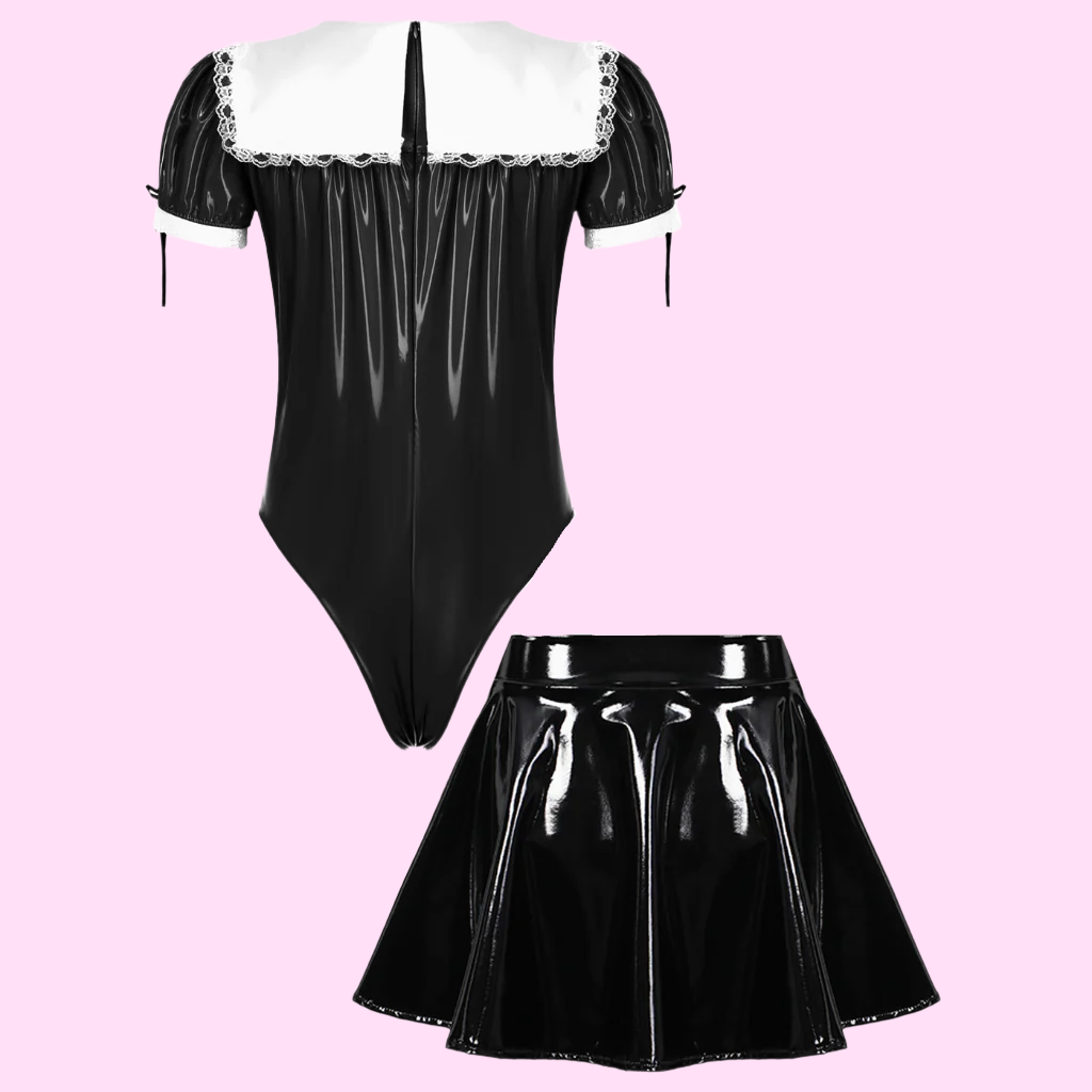 Men Sissy Glossy Latex-Style Maid Outfit